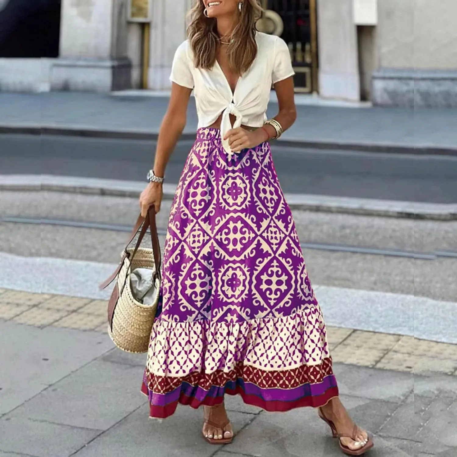 Women's 2025 Bohemian Long Skirts Elastic High Waist A Line Maxi Skirts Summer Casual Printed Pleated Flowy Skirts