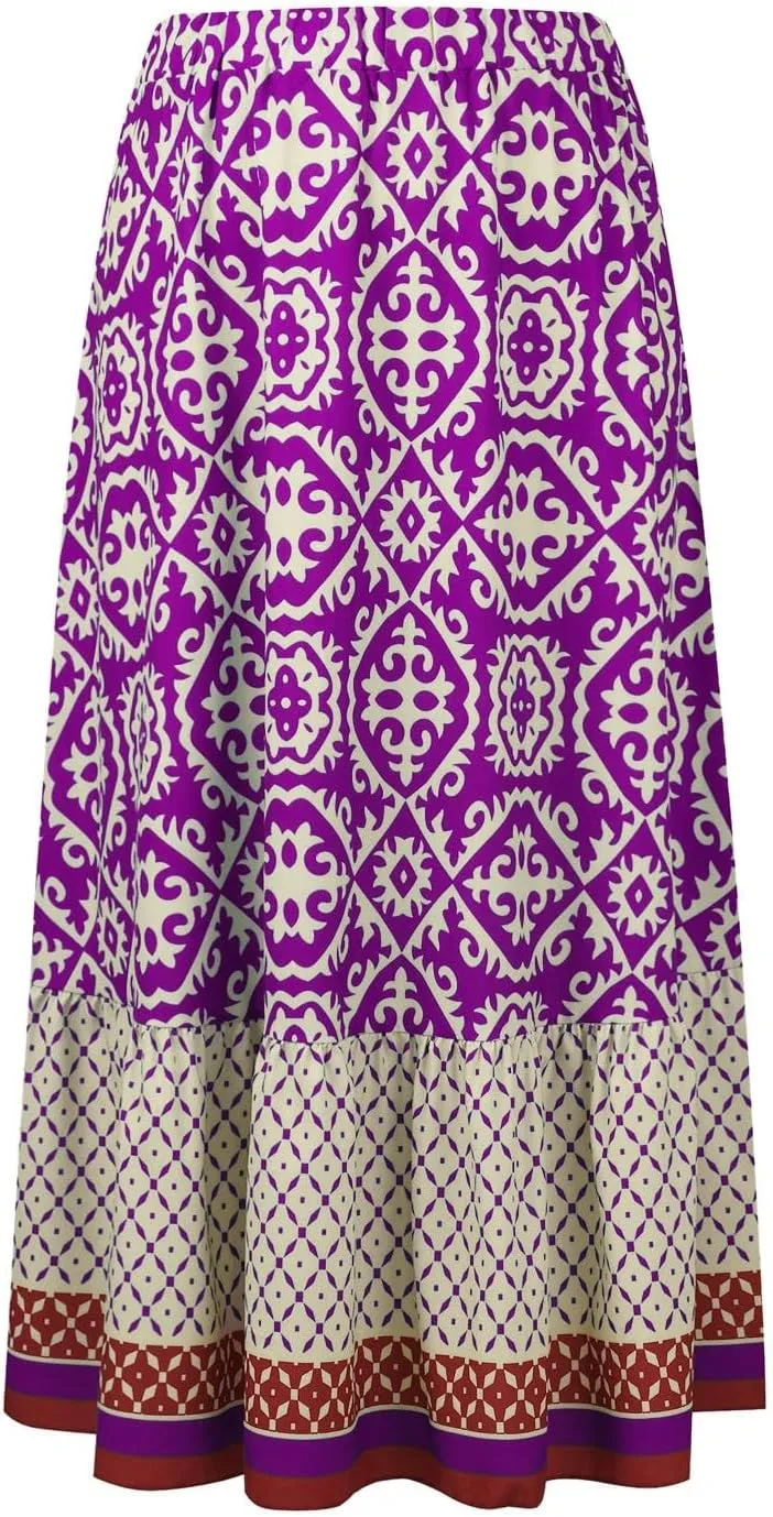 Women's 2025 Bohemian Long Skirts Elastic High Waist A Line Maxi Skirts Summer Casual Printed Pleated Flowy Skirts