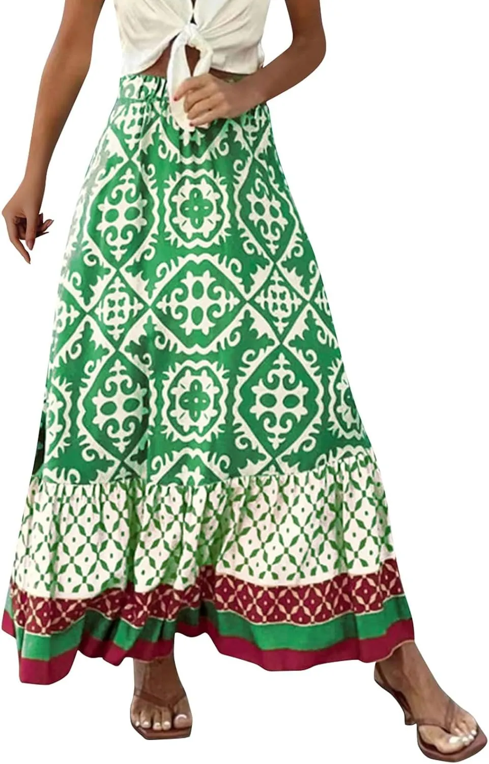 Women's 2025 Bohemian Long Skirts Elastic High Waist A Line Maxi Skirts Summer Casual Printed Pleated Flowy Skirts