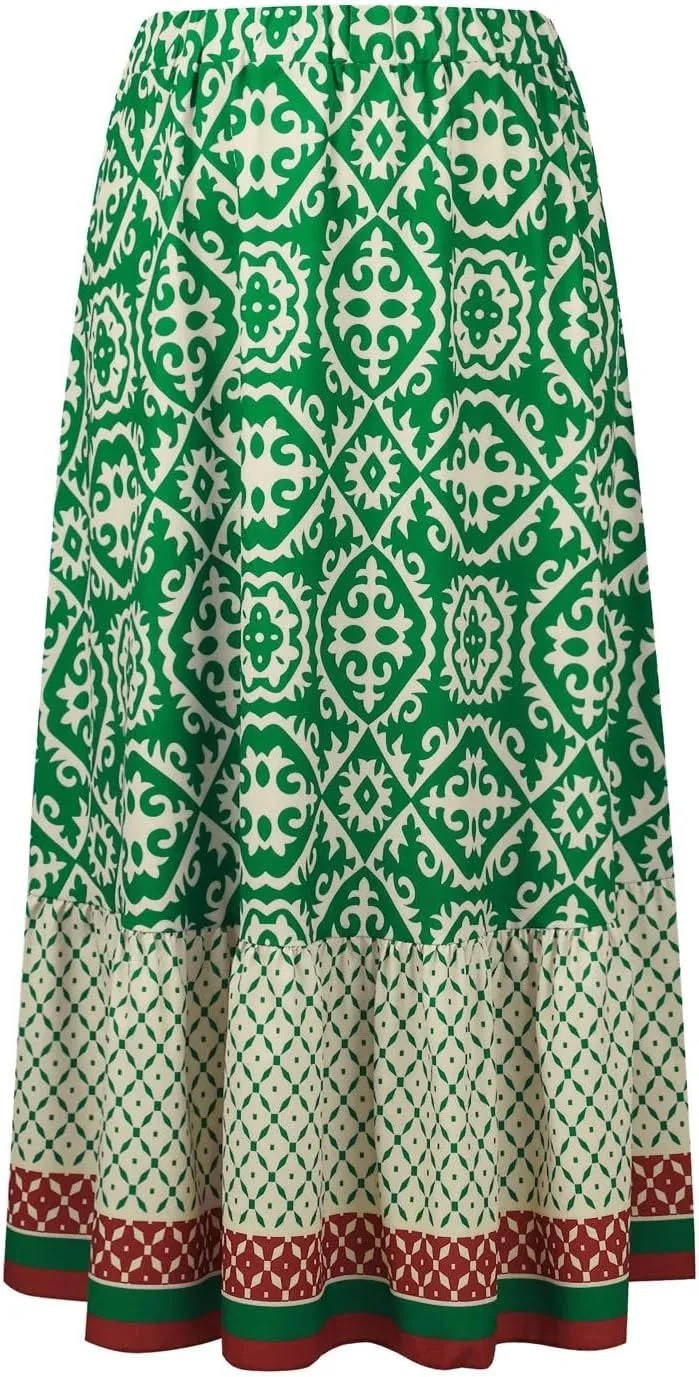 Women's 2025 Bohemian Long Skirts Elastic High Waist A Line Maxi Skirts Summer Casual Printed Pleated Flowy Skirts