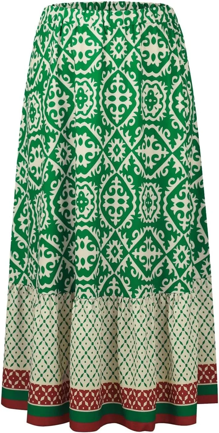 Women's 2025 Bohemian Long Skirts Elastic High Waist A Line Maxi Skirts Summer Casual Printed Pleated Flowy Skirts