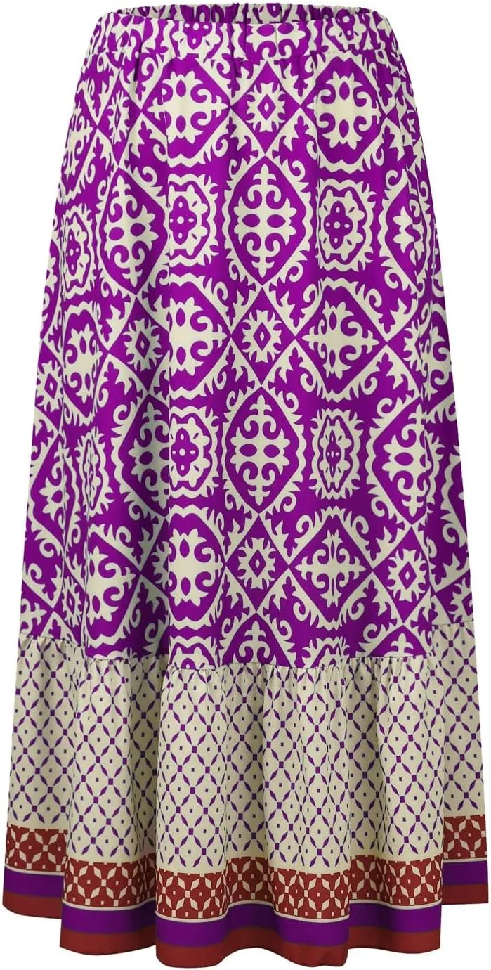 Women's 2025 Bohemian Long Skirts Elastic High Waist A Line Maxi Skirts Summer Casual Printed Pleated Flowy Skirts