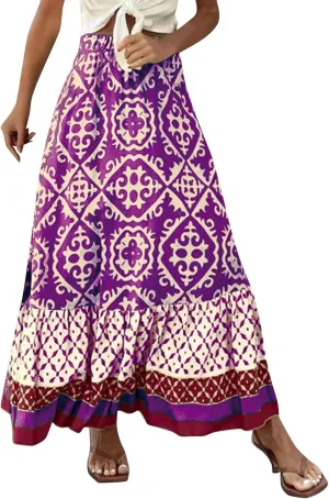 Women's 2025 Bohemian Long Skirts Elastic High Waist A Line Maxi Skirts Summer Casual Printed Pleated Flowy Skirts