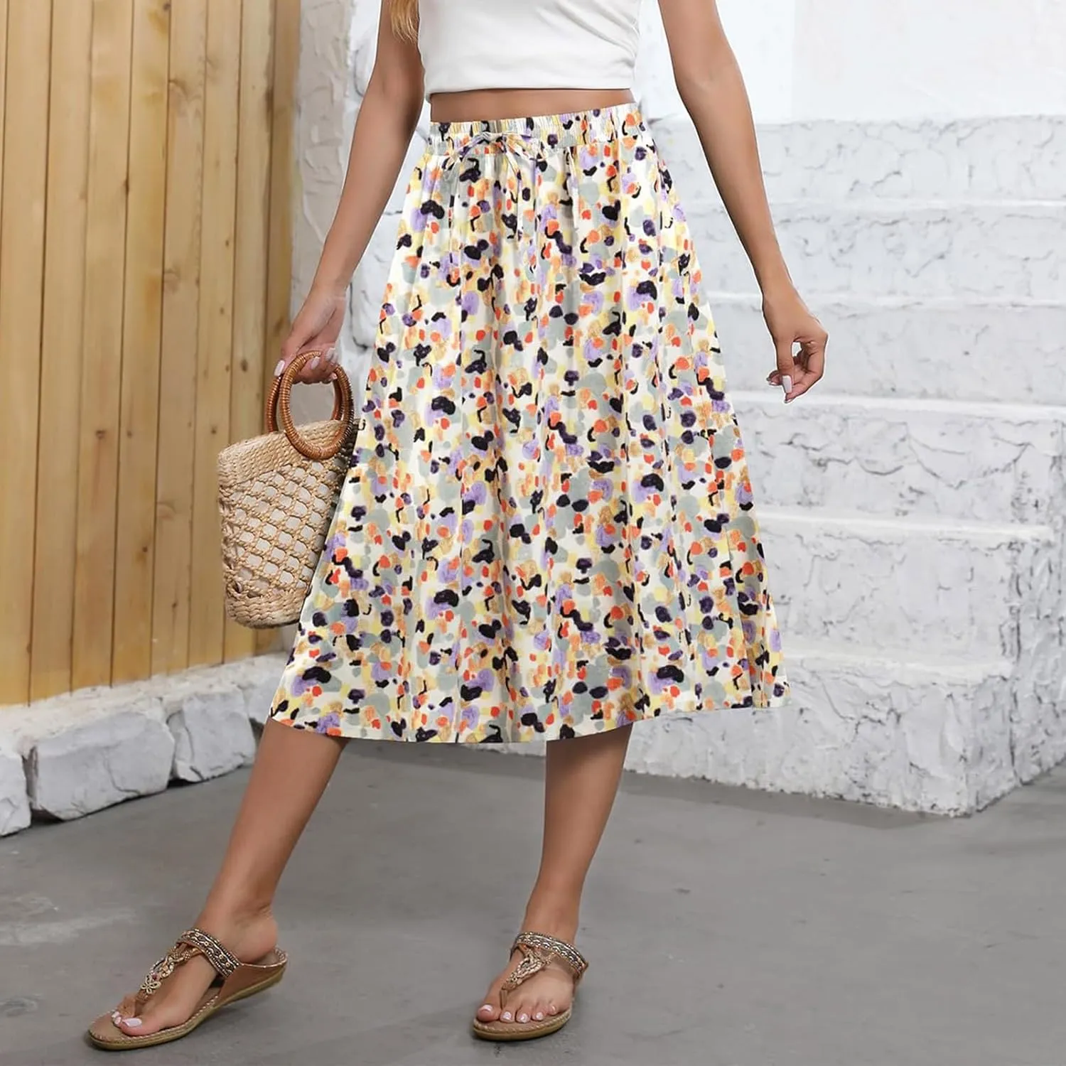 Women's 2025 Stretch Elastic Printed Pleated Plain Loose Boho A-Line Flared Midi Skirts, S-2XL
