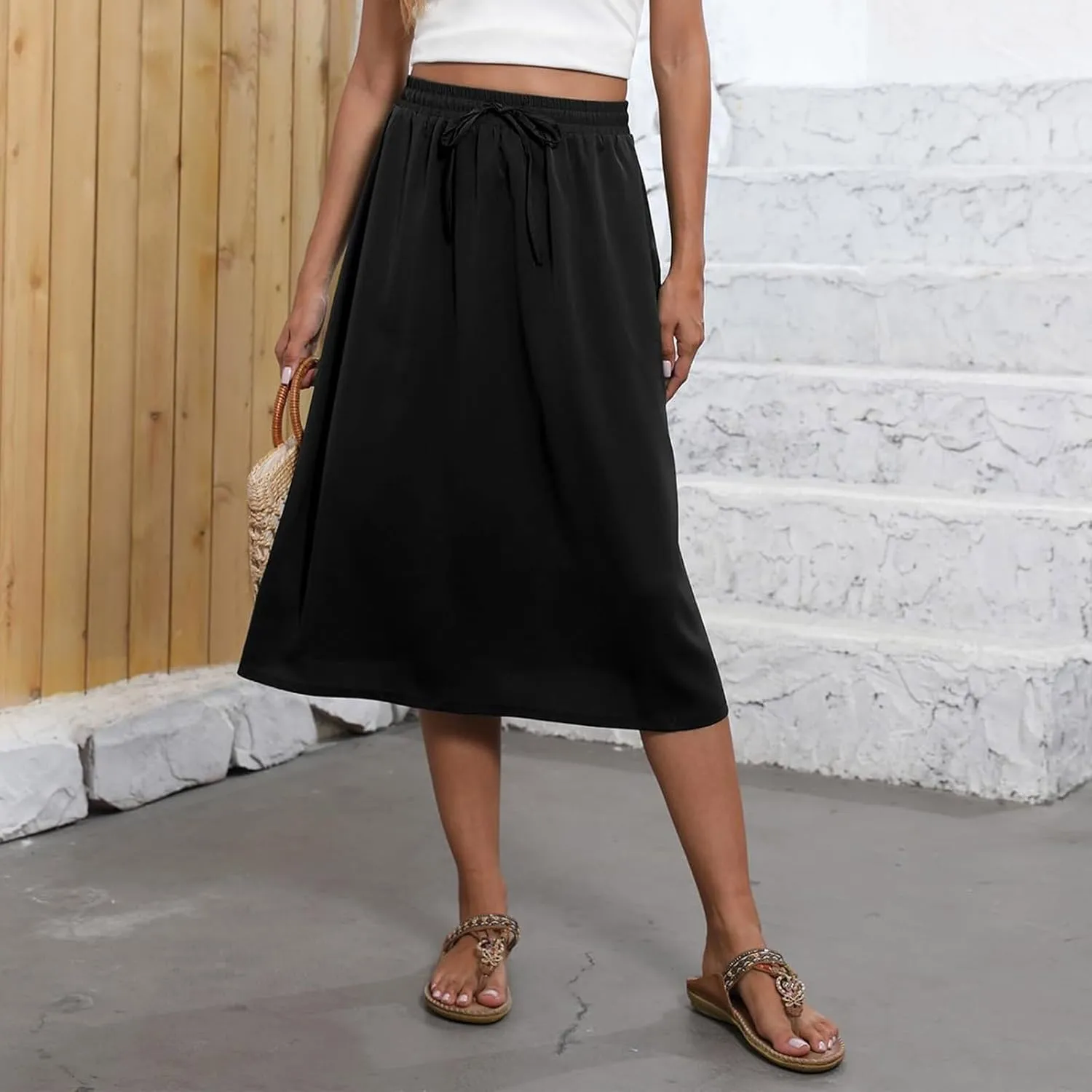 Women's 2025 Stretch Elastic Printed Pleated Plain Loose Boho A-Line Flared Midi Skirts, S-2XL