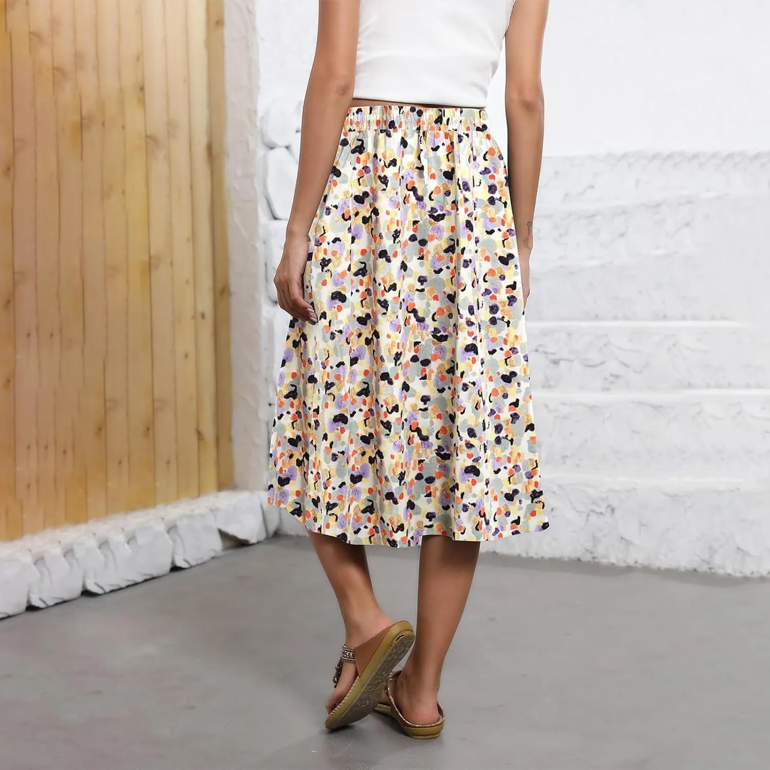 Women's 2025 Stretch Elastic Printed Pleated Plain Loose Boho A-Line Flared Midi Skirts, S-2XL