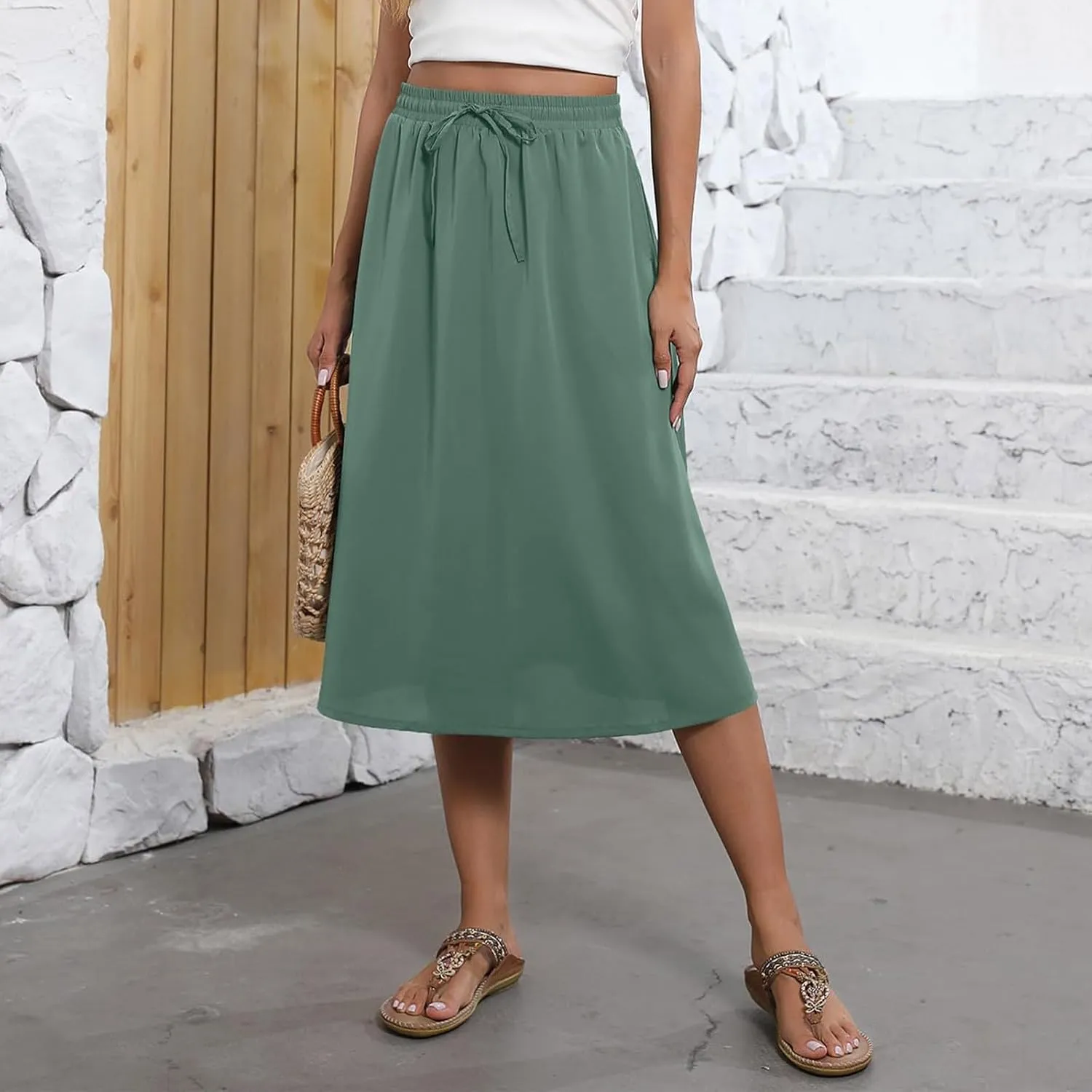 Women's 2025 Stretch Elastic Printed Pleated Plain Loose Boho A-Line Flared Midi Skirts, S-2XL