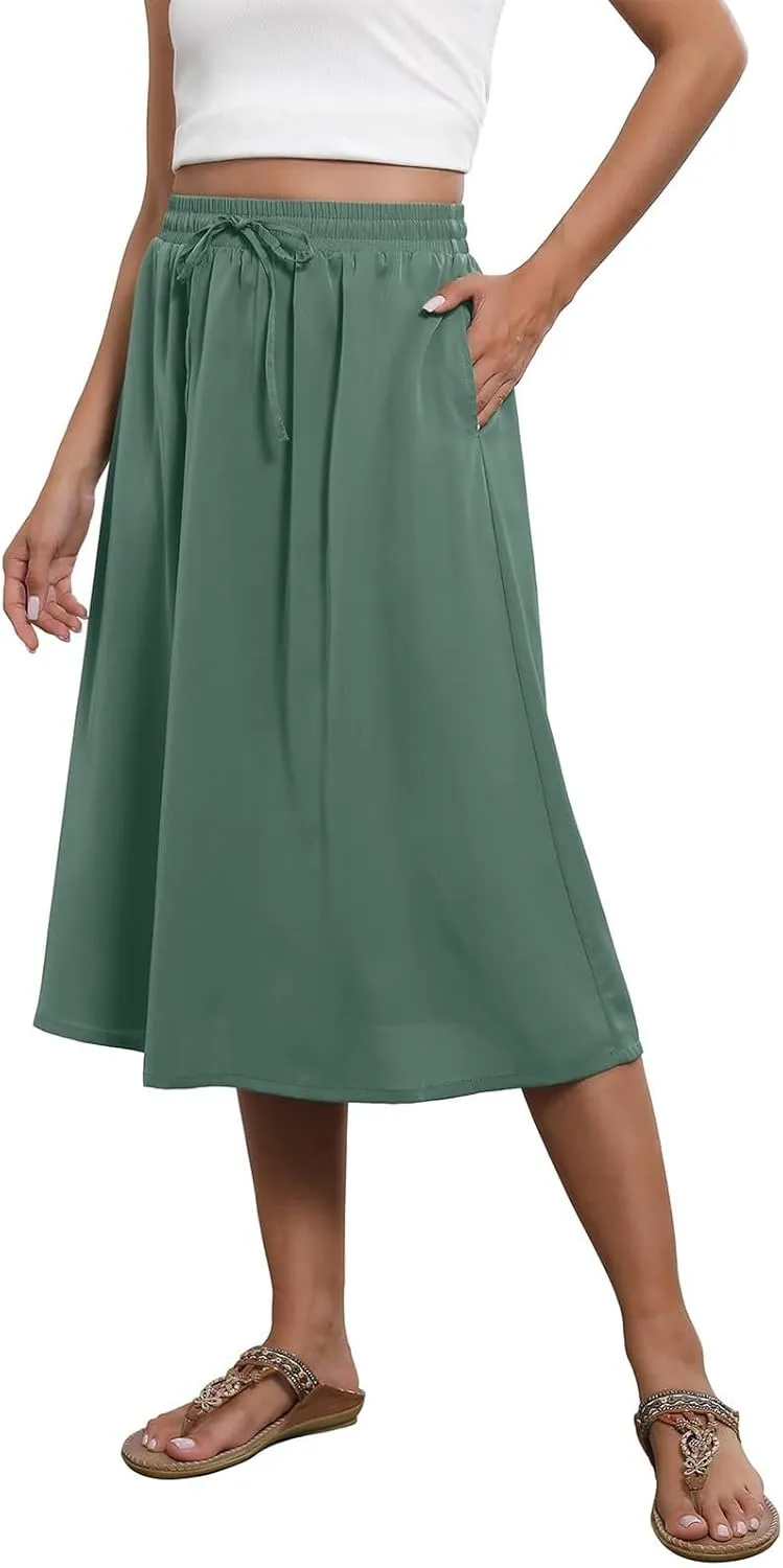 Women's 2025 Stretch Elastic Printed Pleated Plain Loose Boho A-Line Flared Midi Skirts, S-2XL