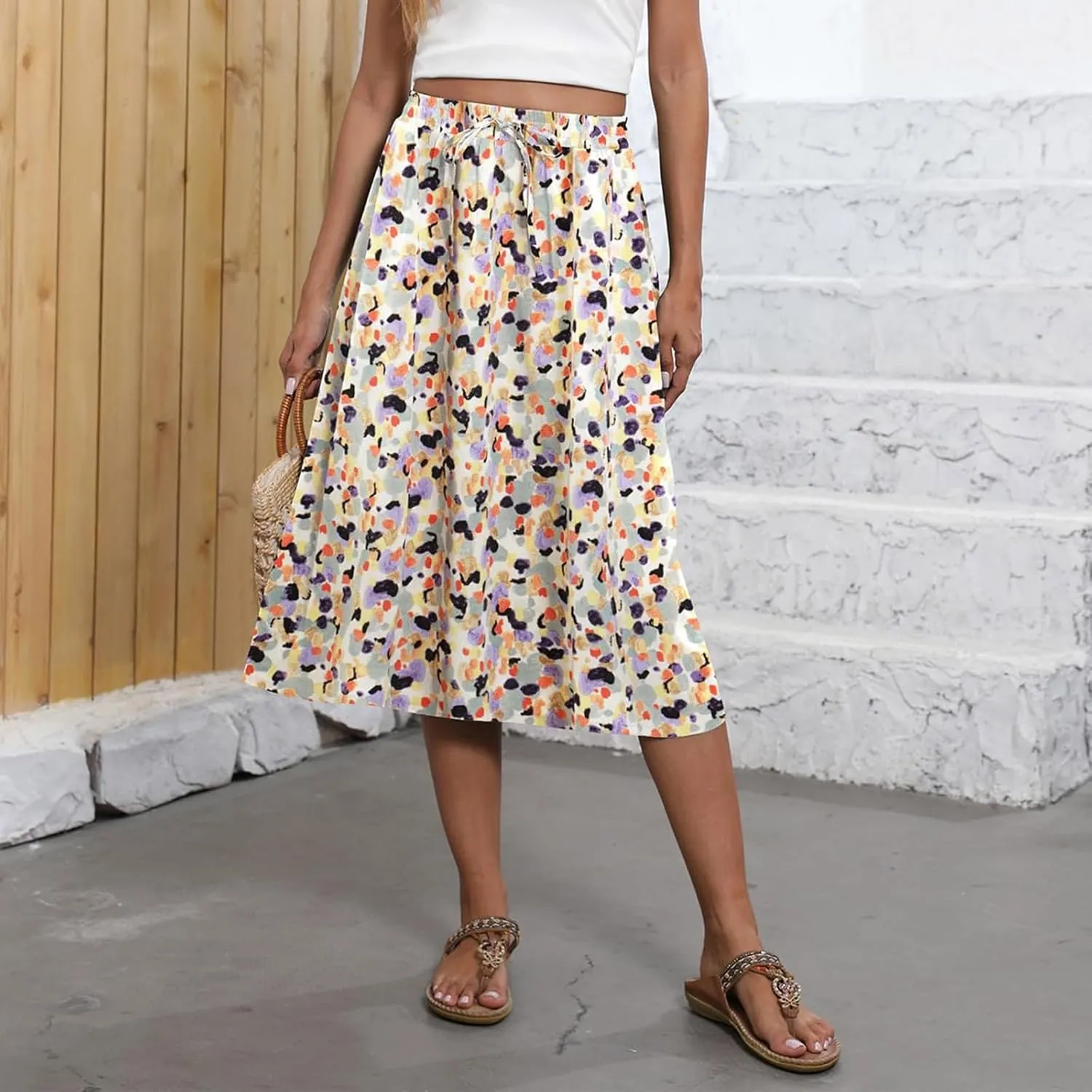 Women's 2025 Stretch Elastic Printed Pleated Plain Loose Boho A-Line Flared Midi Skirts, S-2XL