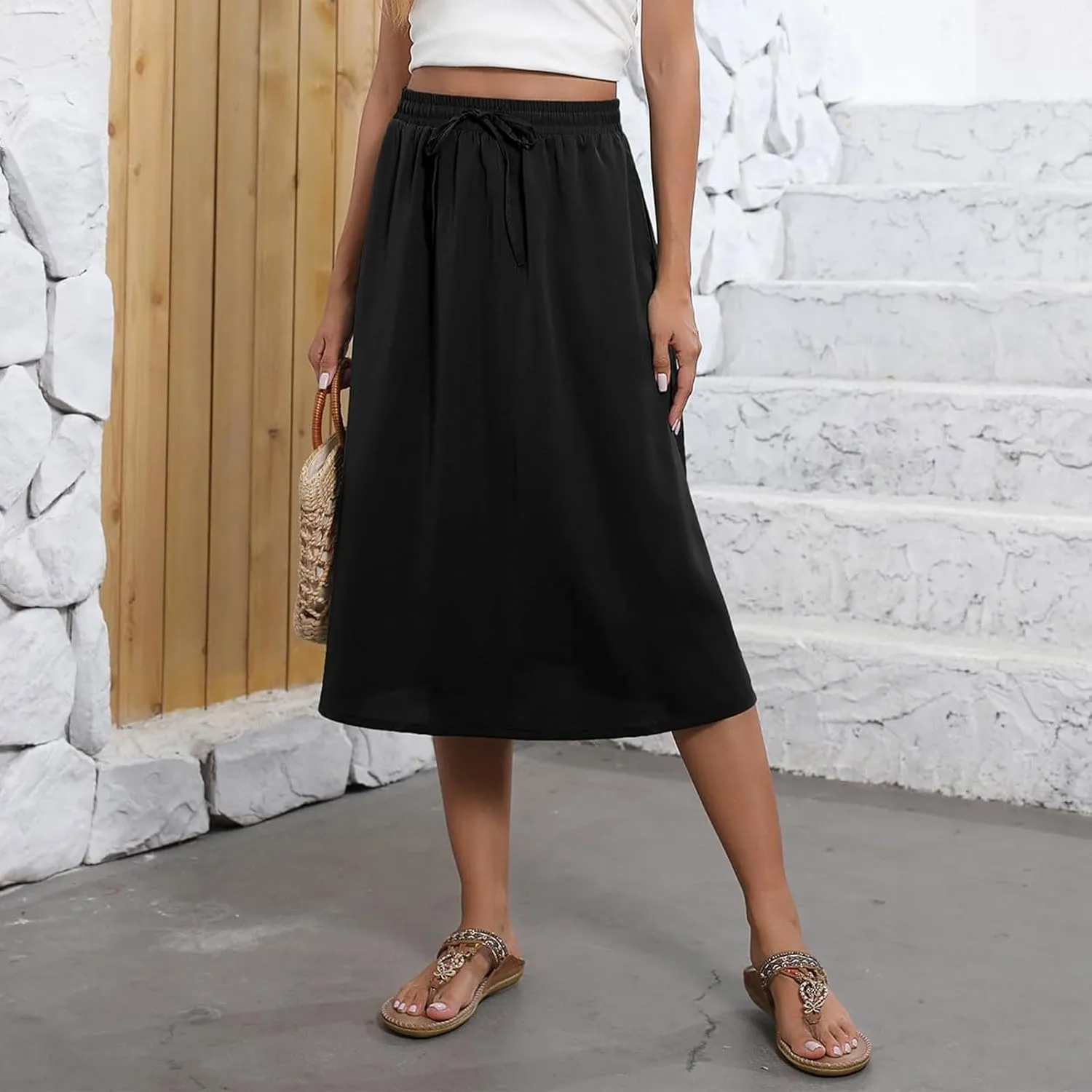 Women's 2025 Stretch Elastic Printed Pleated Plain Loose Boho A-Line Flared Midi Skirts, S-2XL