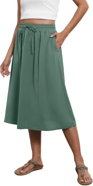 Women's 2025 Stretch Elastic Printed Pleated Plain Loose Boho A-Line Flared Midi Skirts, S-2XL