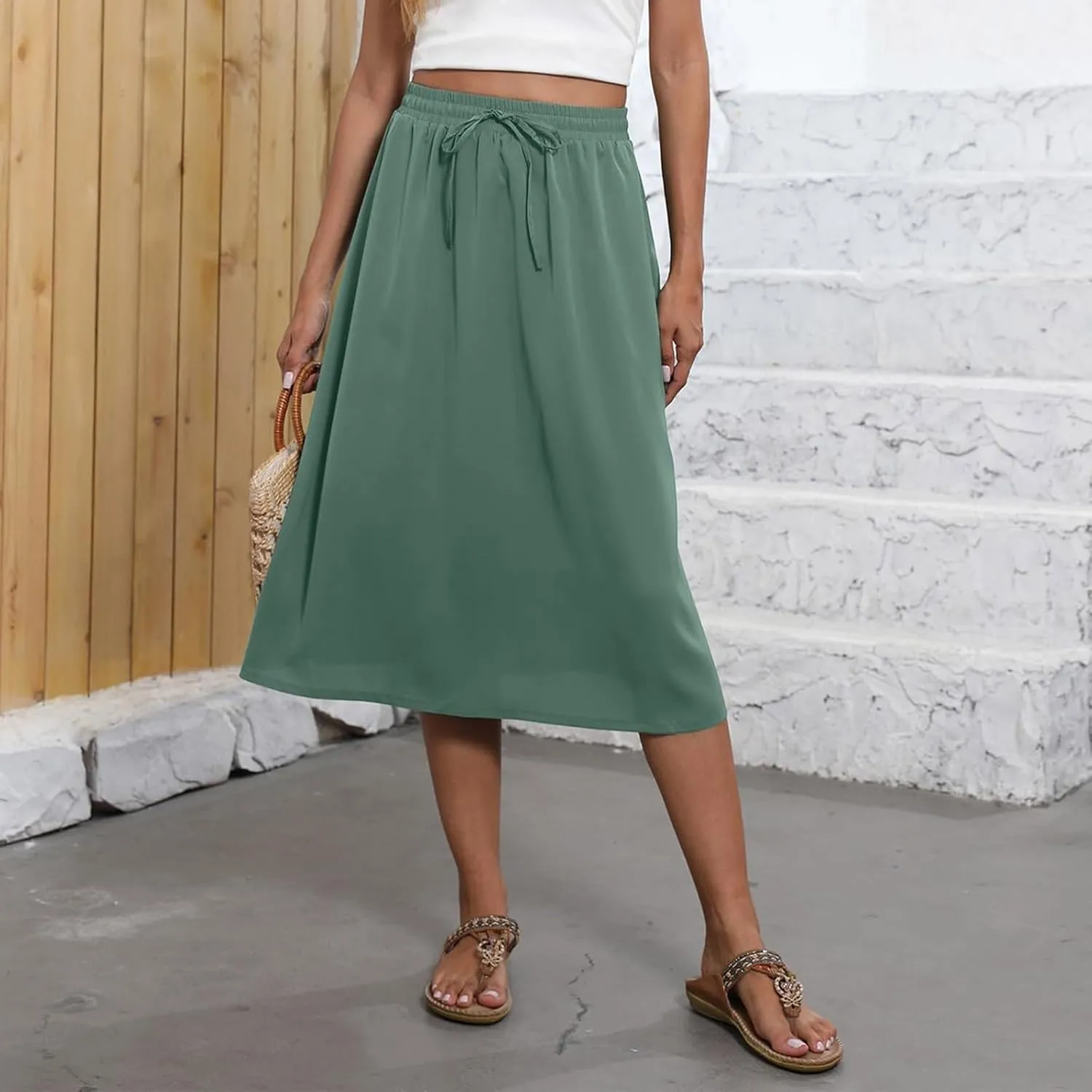 Women's 2025 Stretch Elastic Printed Pleated Plain Loose Boho A-Line Flared Midi Skirts, S-2XL