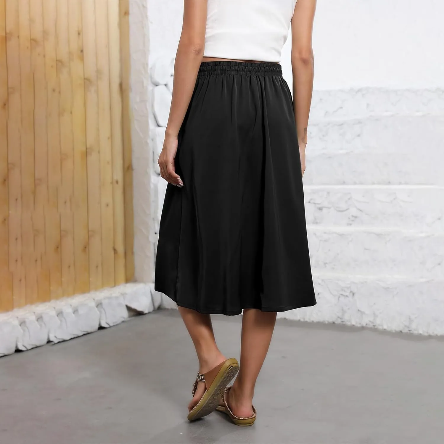 Women's 2025 Stretch Elastic Printed Pleated Plain Loose Boho A-Line Flared Midi Skirts, S-2XL