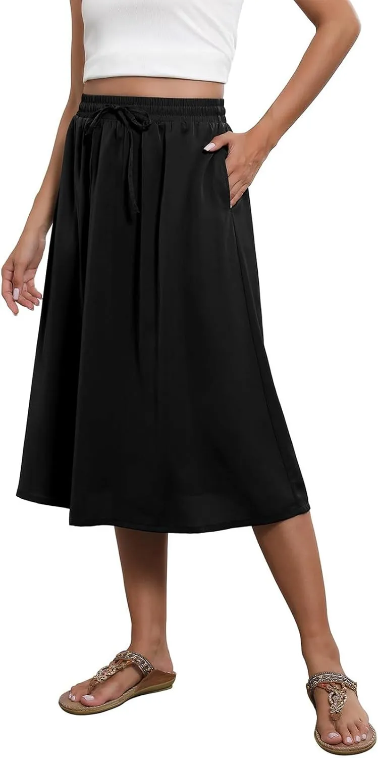 Women's 2025 Stretch Elastic Printed Pleated Plain Loose Boho A-Line Flared Midi Skirts, S-2XL