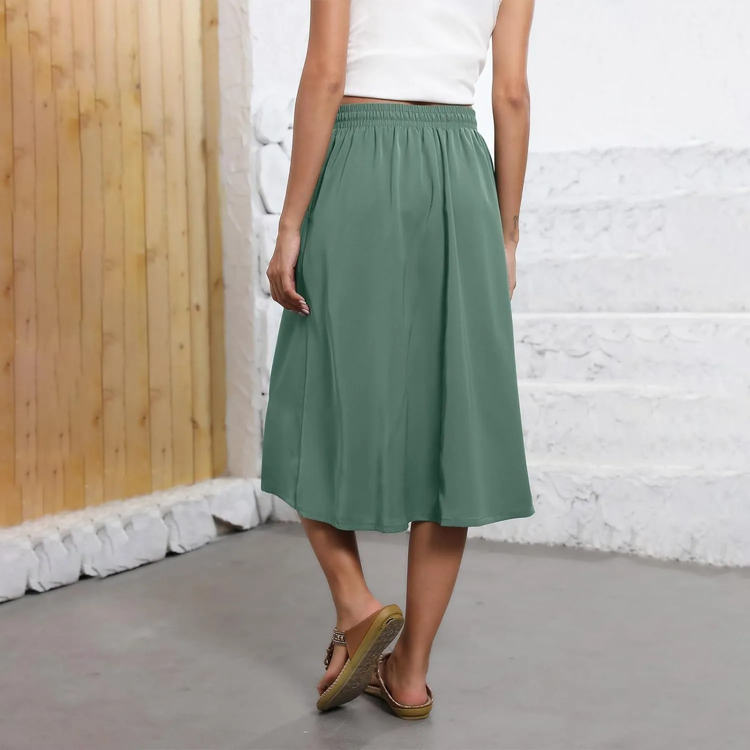 Women's 2025 Stretch Elastic Printed Pleated Plain Loose Boho A-Line Flared Midi Skirts, S-2XL