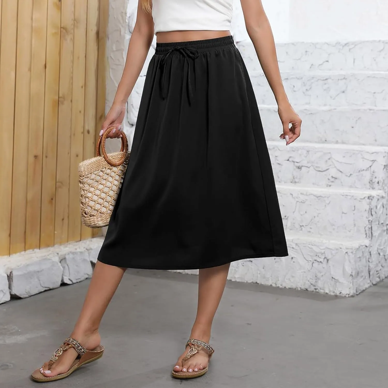 Women's 2025 Stretch Elastic Printed Pleated Plain Loose Boho A-Line Flared Midi Skirts, S-2XL