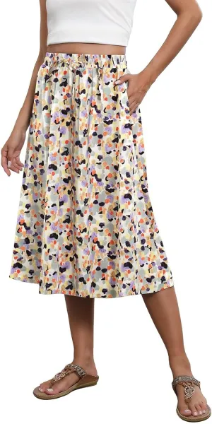 Women's 2025 Stretch Elastic Printed Pleated Plain Loose Boho A-Line Flared Midi Skirts, S-2XL