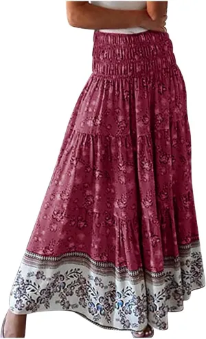 Women's 2025 Summer Bohemian Floral Printed Stretch Waist Tiered Pleated Swing Maxi Skirt with Pockets, S-2XL
