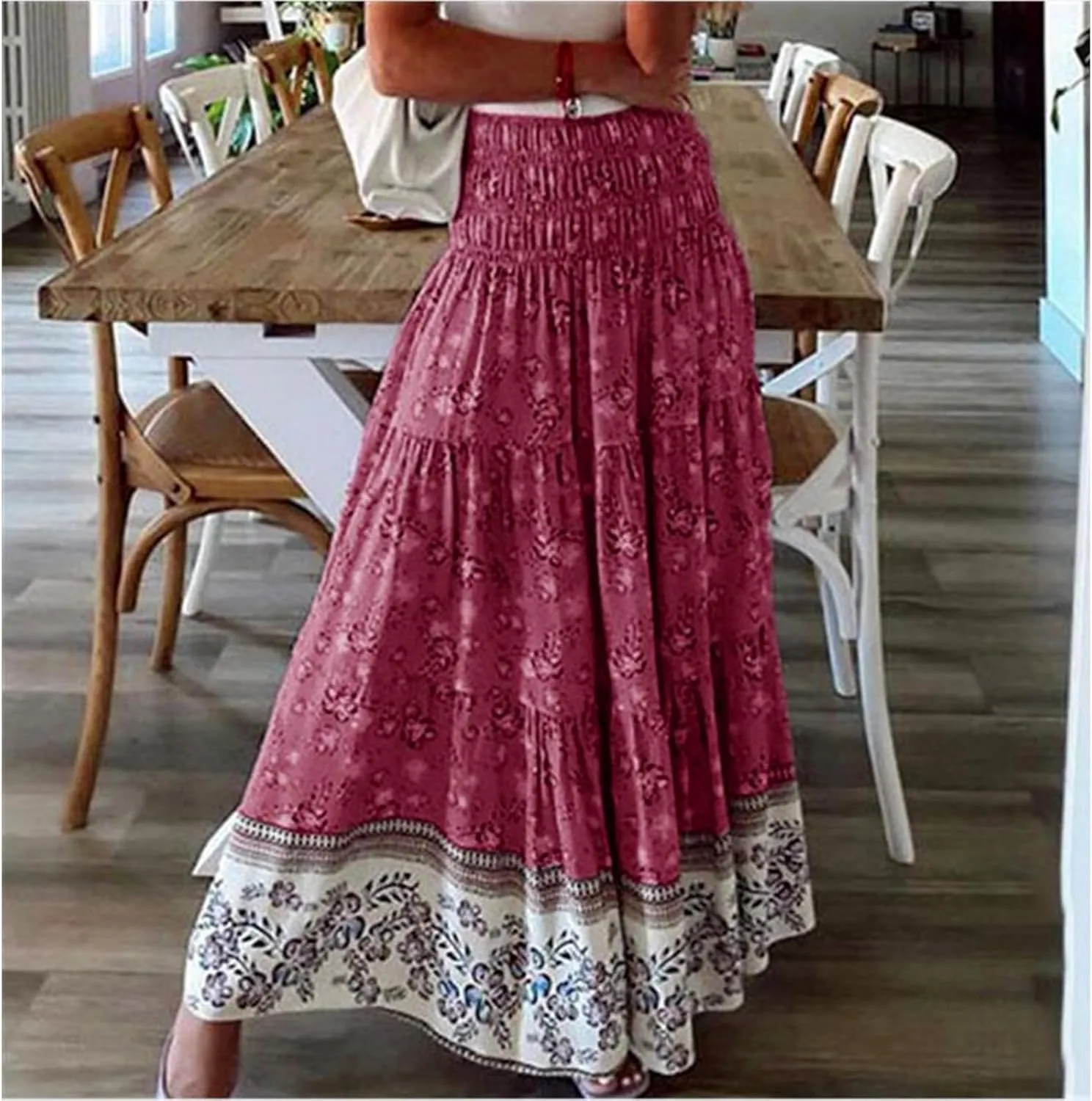 Women's 2025 Summer Bohemian Floral Printed Stretch Waist Tiered Pleated Swing Maxi Skirt with Pockets, S-2XL