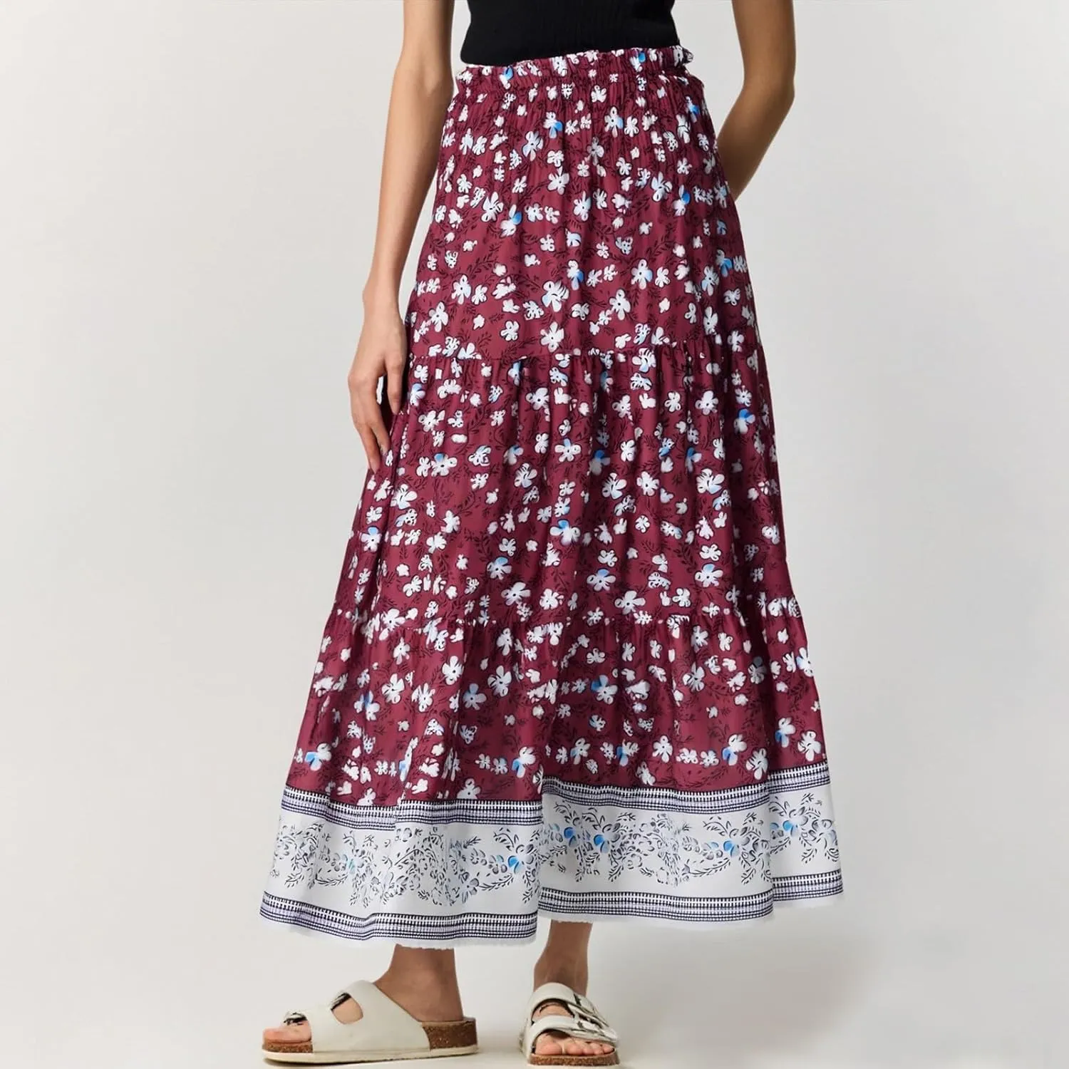 Women's 2025 Summer Bohemian Floral Printed Stretch Waist Tiered Pleated Swing Maxi Skirt with Pockets, S-2XL