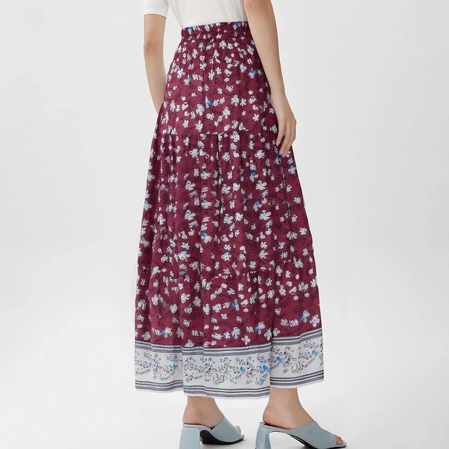 Women's 2025 Summer Bohemian Floral Printed Stretch Waist Tiered Pleated Swing Maxi Skirt with Pockets, S-2XL