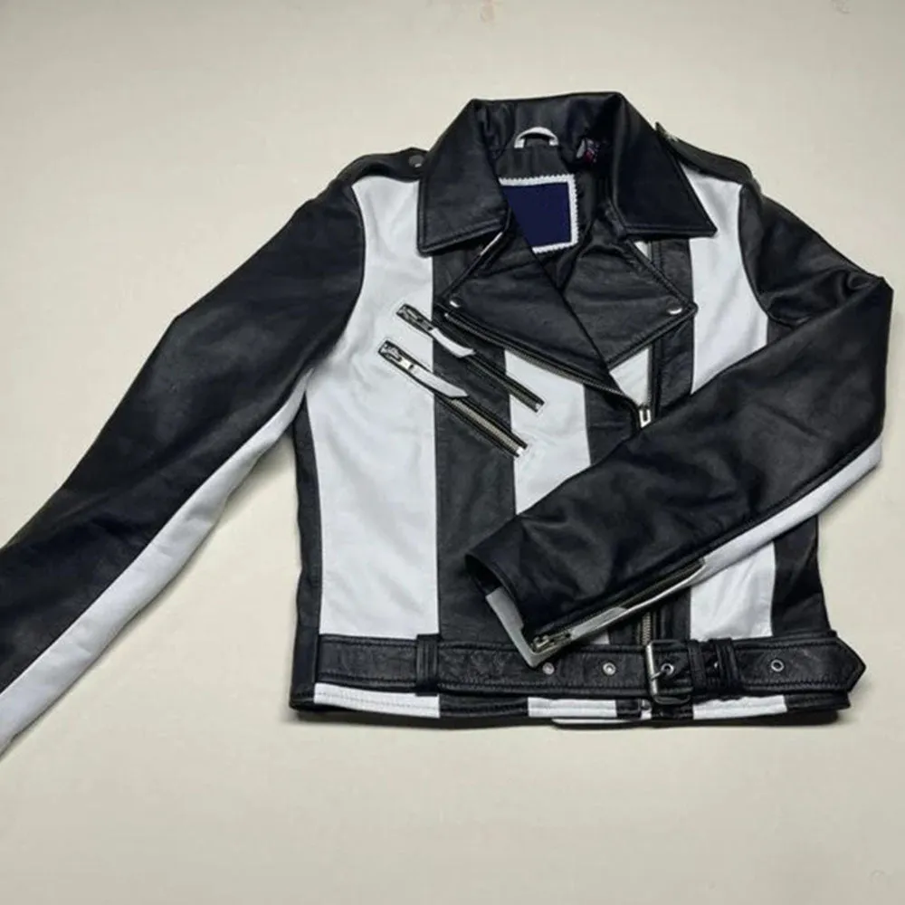 Women's And Girl's White And Black Stylish Two Tone Biker Jacket