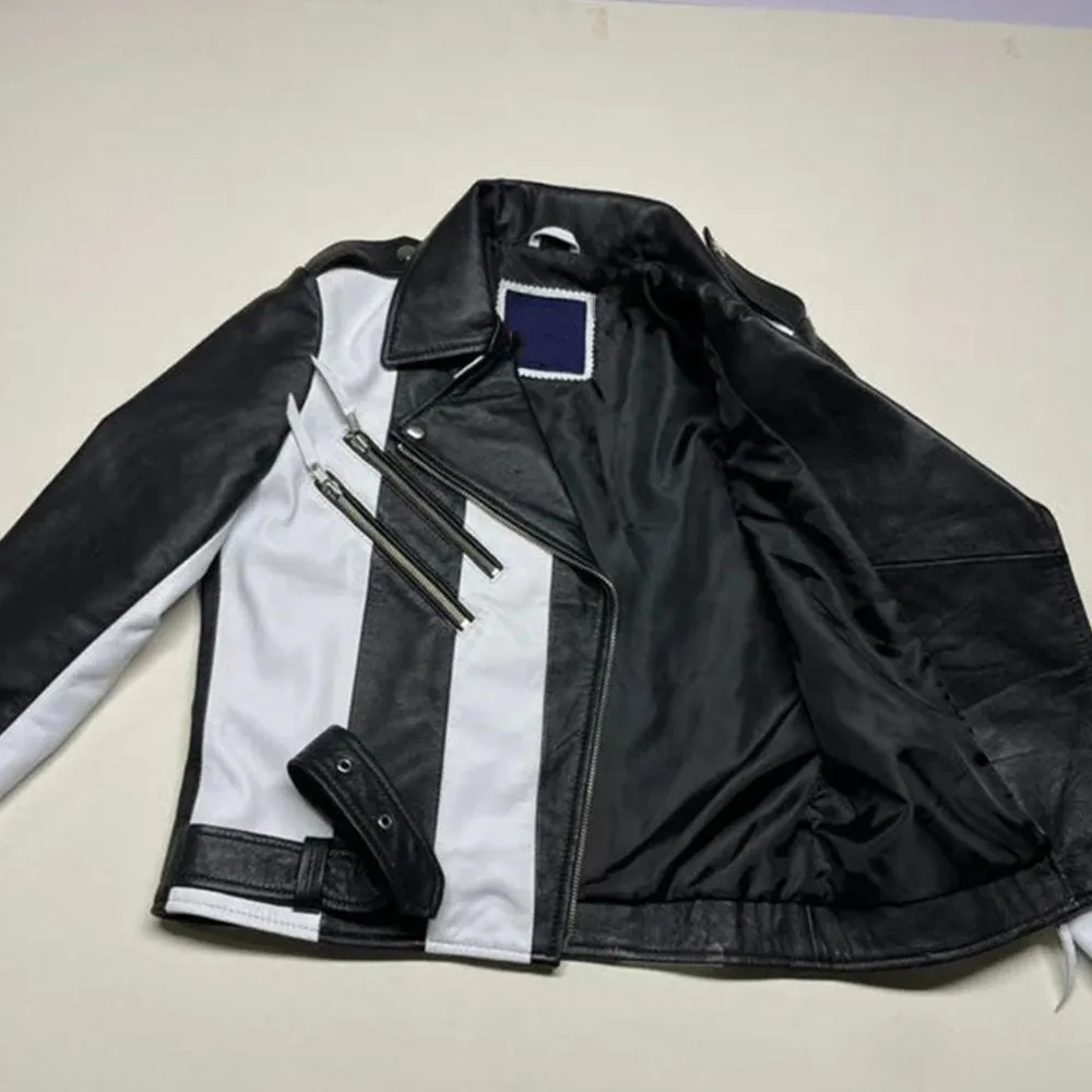 Women's And Girl's White And Black Stylish Two Tone Biker Jacket