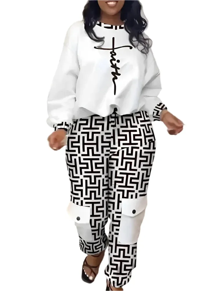 Women's Autumn Geometric Print Two-Piece Set - Casual Top & Pocket Pants Fashion Tracksuit Outfit
