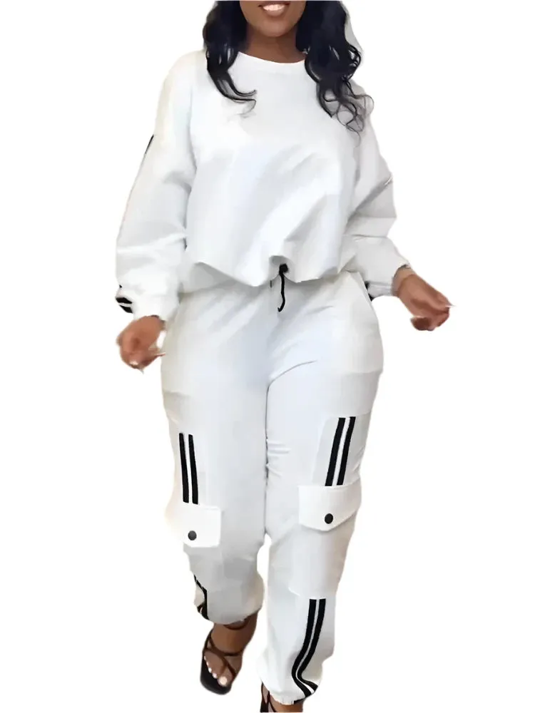 Women's Autumn Geometric Print Two-Piece Set - Casual Top & Pocket Pants Fashion Tracksuit Outfit