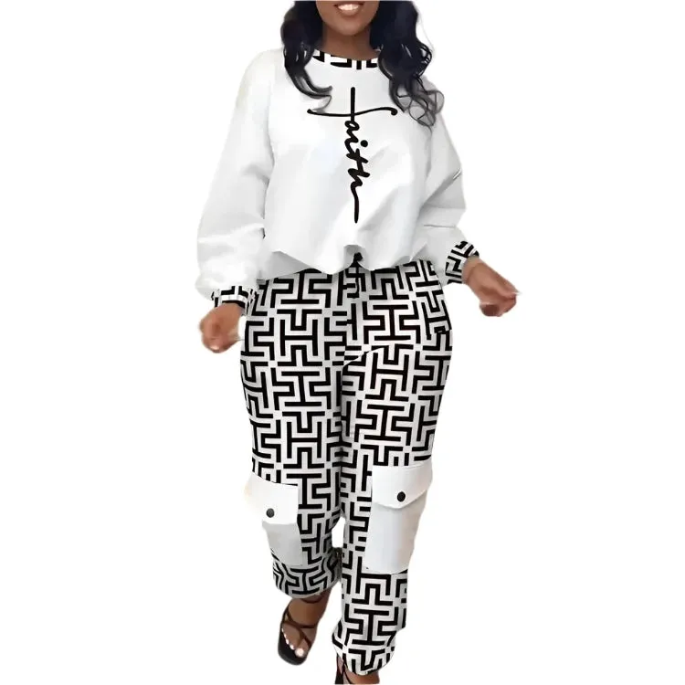 Women's Autumn Geometric Print Two-Piece Set - Casual Top & Pocket Pants Fashion Tracksuit Outfit
