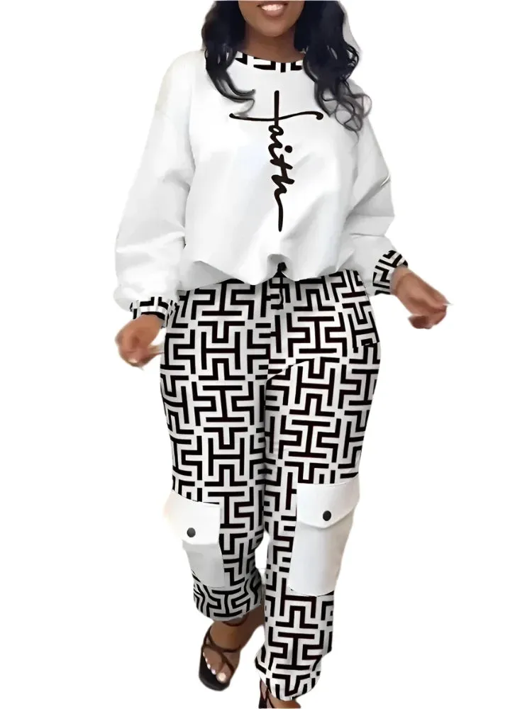 Women's Autumn Geometric Print Two-Piece Set - Casual Top & Pocket Pants Fashion Tracksuit Outfit