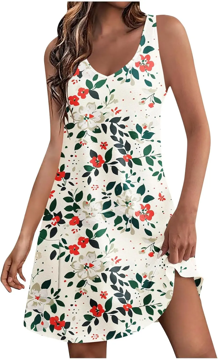 Women's Beach Dress Summer Fashion Floral Print V Neck Sleeveless Short Dress Casual Loose Breathable Sundress