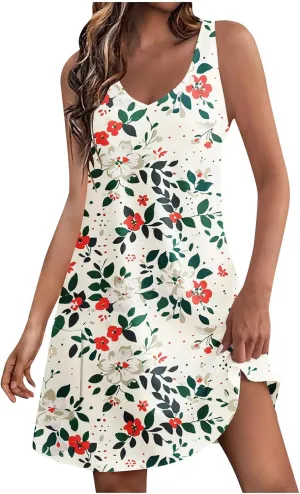 Women's Beach Dress Summer Fashion Floral Print V Neck Sleeveless Short Dress Casual Loose Breathable Sundress