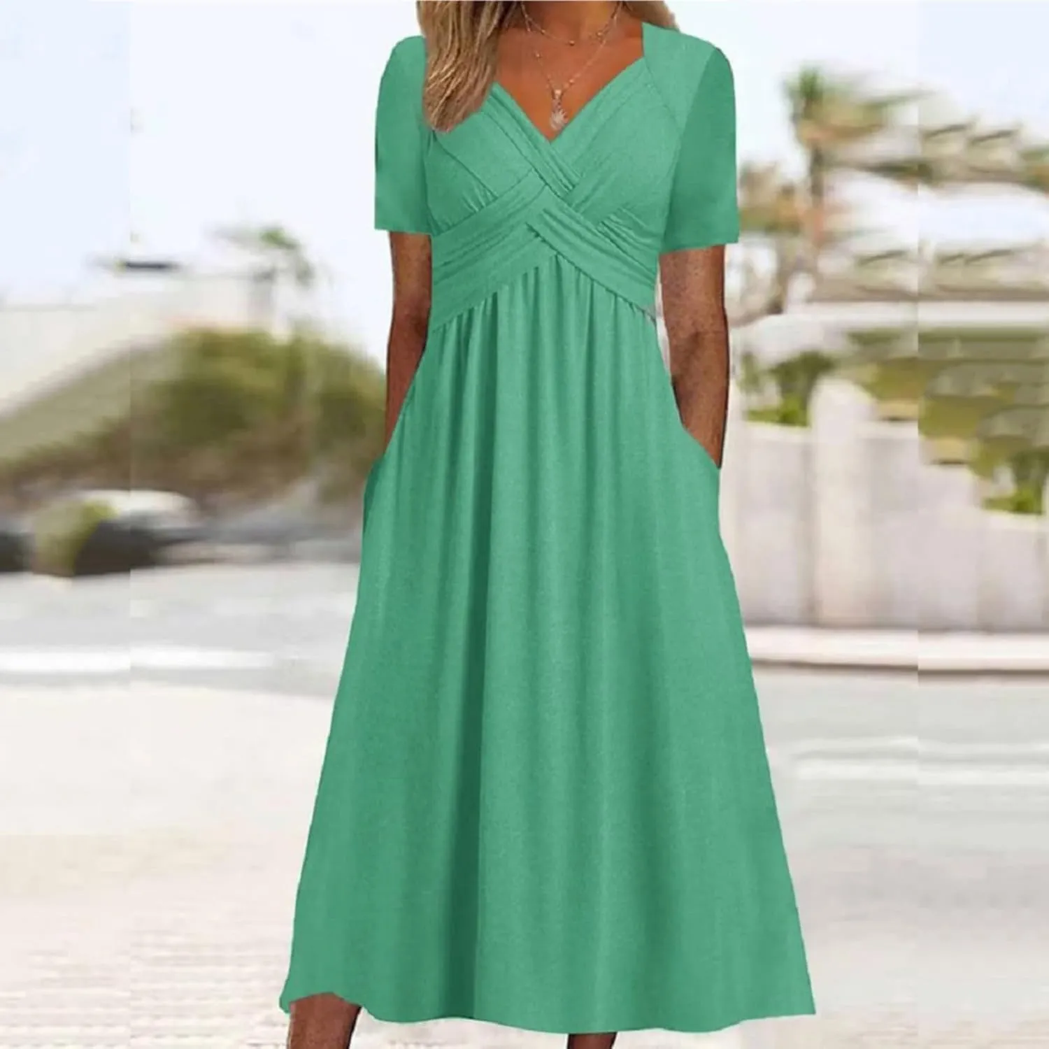 Women's Boho Floral Flowy A Line Midi Dress Casual Summer Short Sleeve Beach Vacation Dresses with Pockets