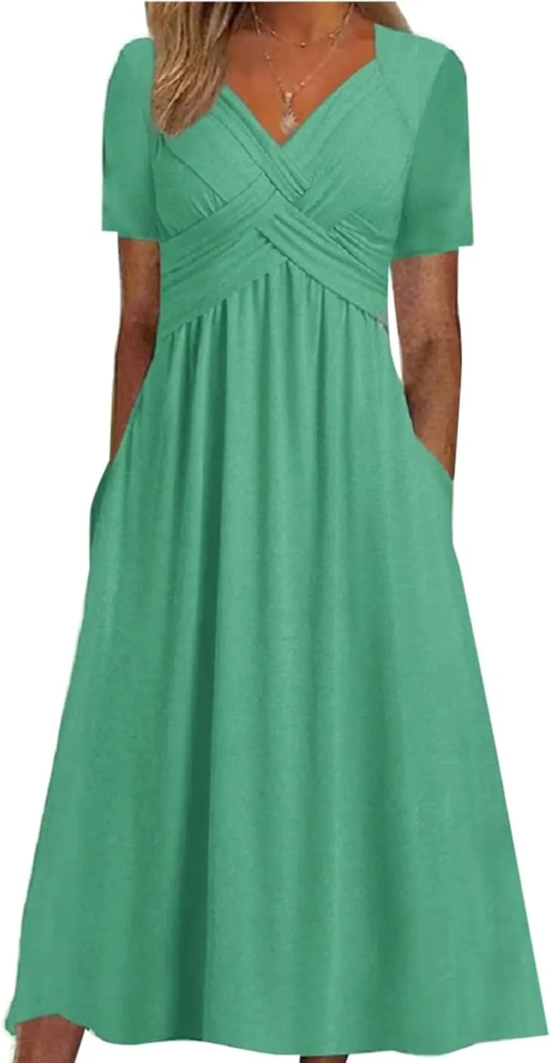 Women's Boho Floral Flowy A Line Midi Dress Casual Summer Short Sleeve Beach Vacation Dresses with Pockets
