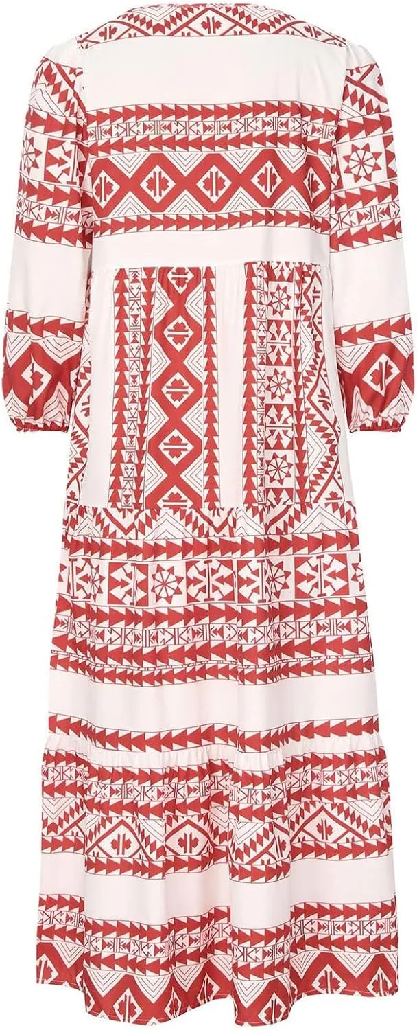 Women's Boho Maxi Dresses Casual Short Puff Sleeve Beach Long Floral Dress Tiered Flowy Dresses