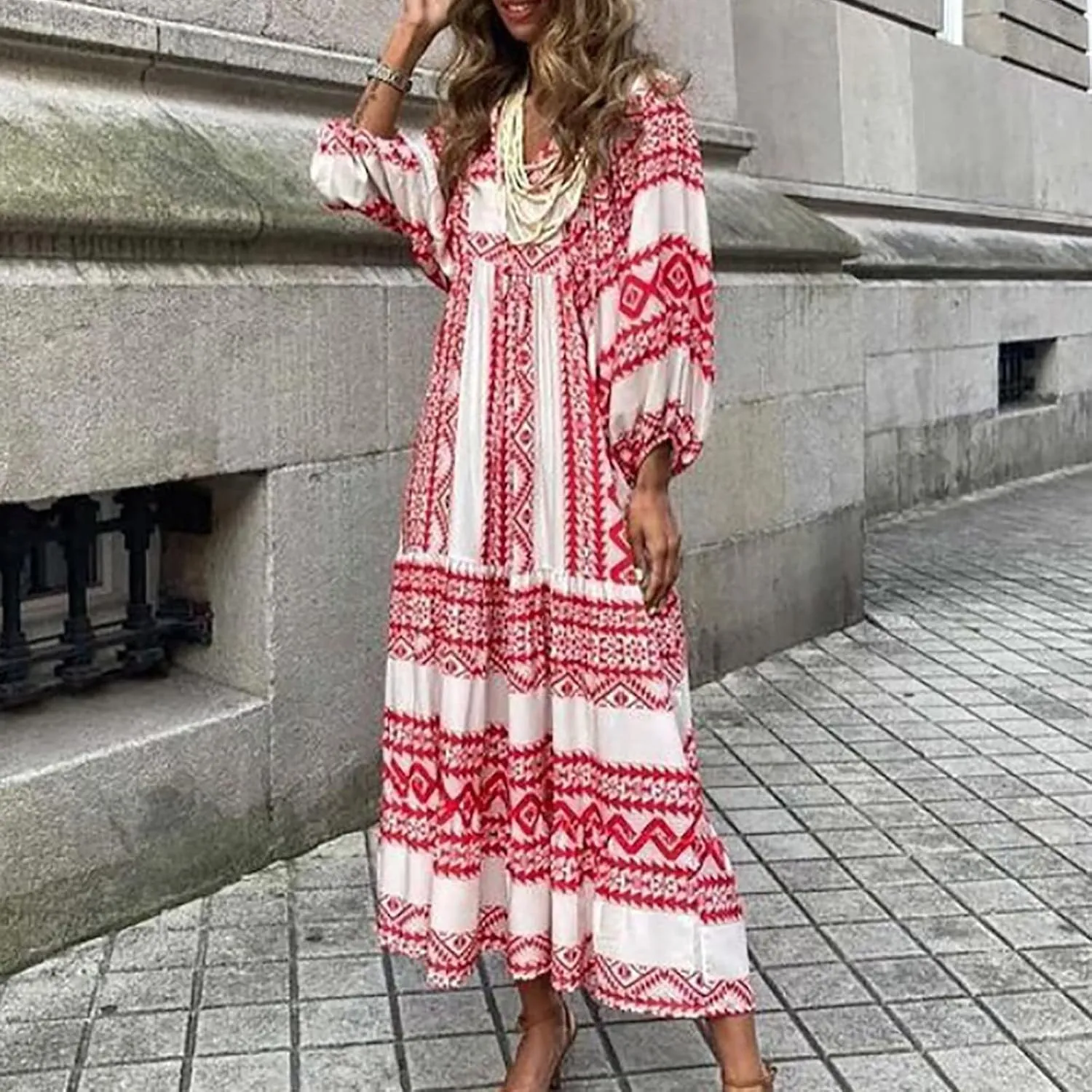 Women's Boho Maxi Dresses Casual Short Puff Sleeve Beach Long Floral Dress Tiered Flowy Dresses