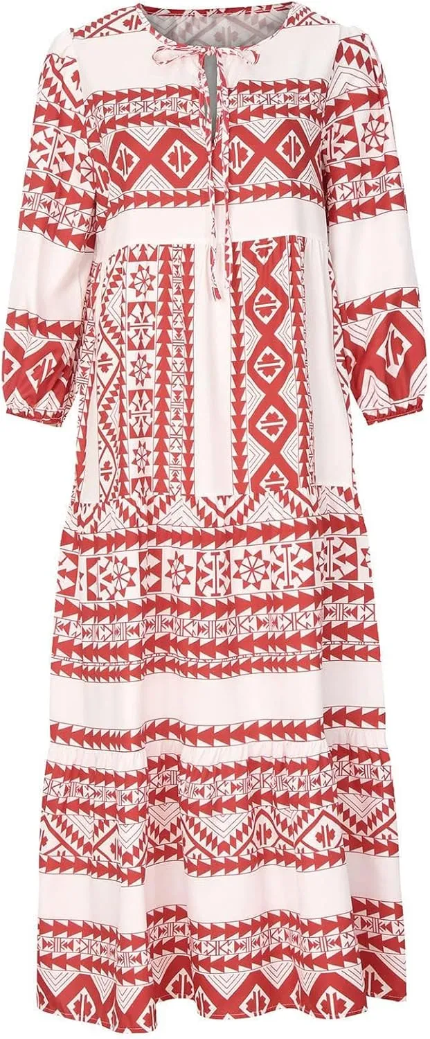 Women's Boho Maxi Dresses Casual Short Puff Sleeve Beach Long Floral Dress Tiered Flowy Dresses