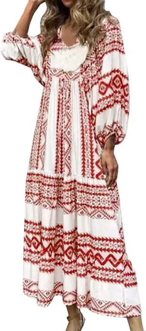 Women's Boho Maxi Dresses Casual Short Puff Sleeve Beach Long Floral Dress Tiered Flowy Dresses