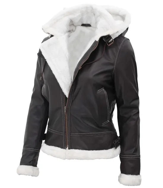 Womens Bomber Faux Fur Lined Leather Jacket with Removable Hood