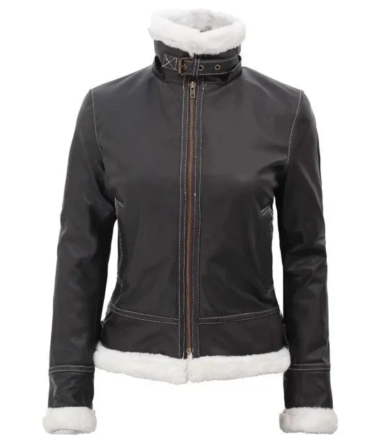 Womens Bomber Faux Fur Lined Leather Jacket with Removable Hood