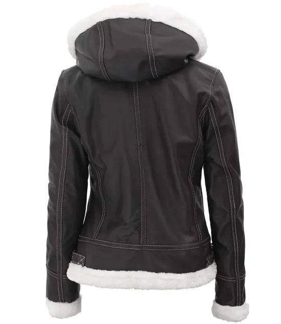 Womens Bomber Faux Fur Lined Leather Jacket with Removable Hood