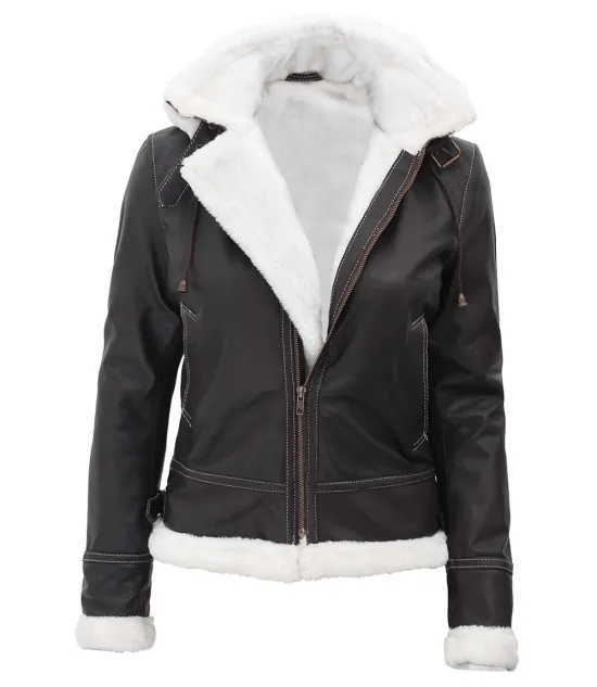 Womens Bomber Faux Fur Lined Leather Jacket with Removable Hood