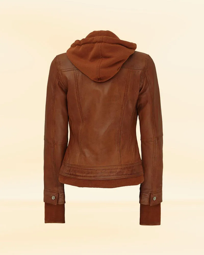 Women's Brown Leather Bomber Jacket with Removable Hood