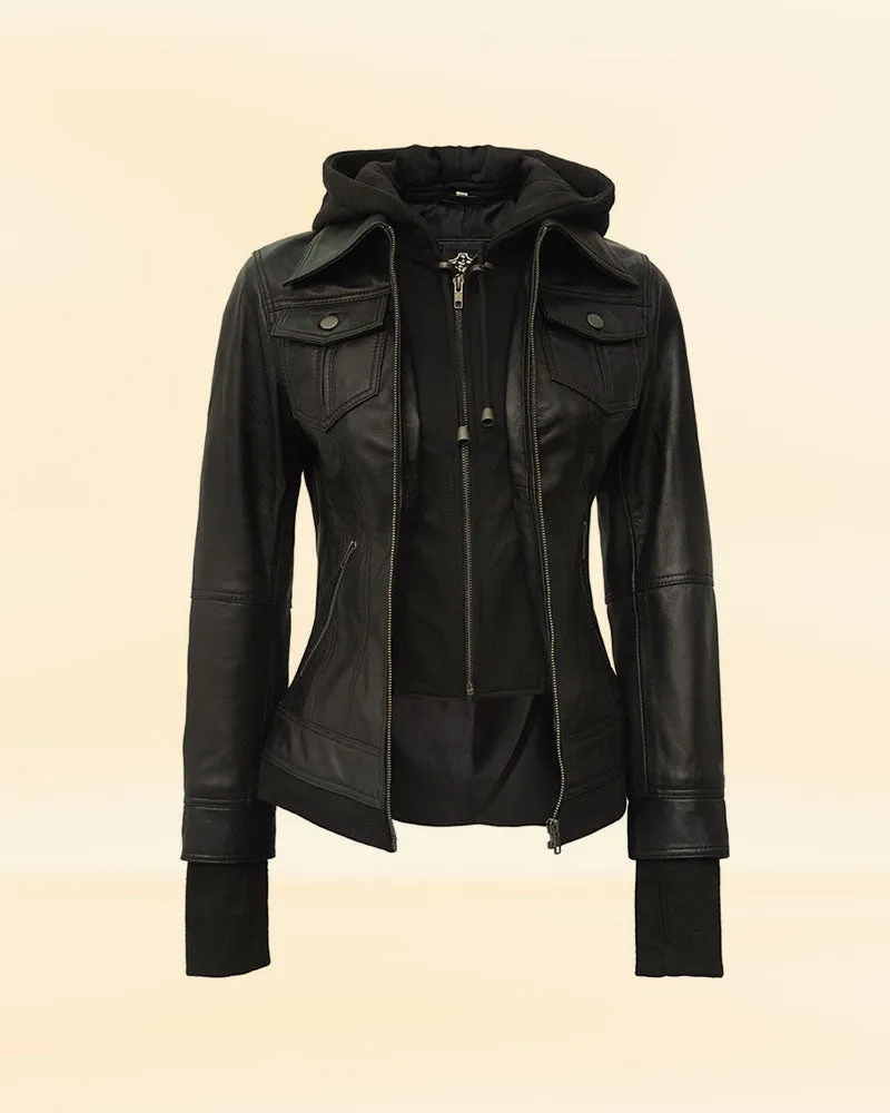 Women's Brown Leather Bomber Jacket with Removable Hood