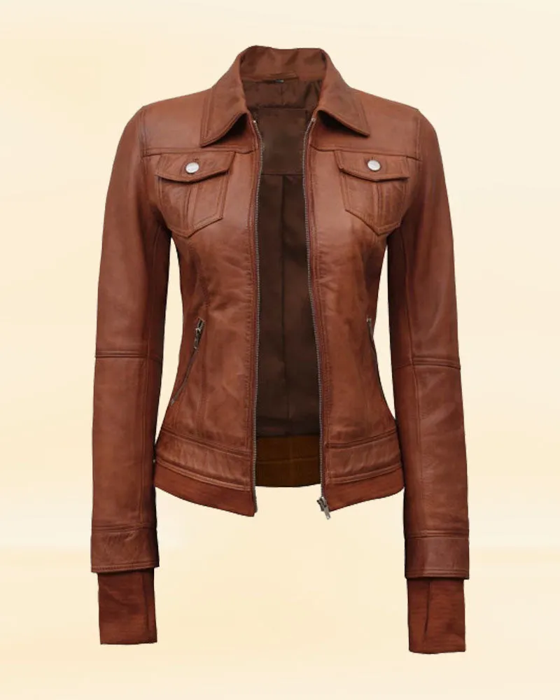 Women's Brown Leather Bomber Jacket with Removable Hood