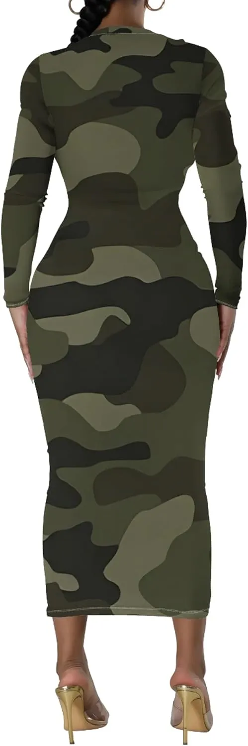 Women's Casual Basic Pencil Dress Sexy Crewneck Long Sleeve Cocktail Bodycon Midi Dress Elegant Club wear Party Outfits
