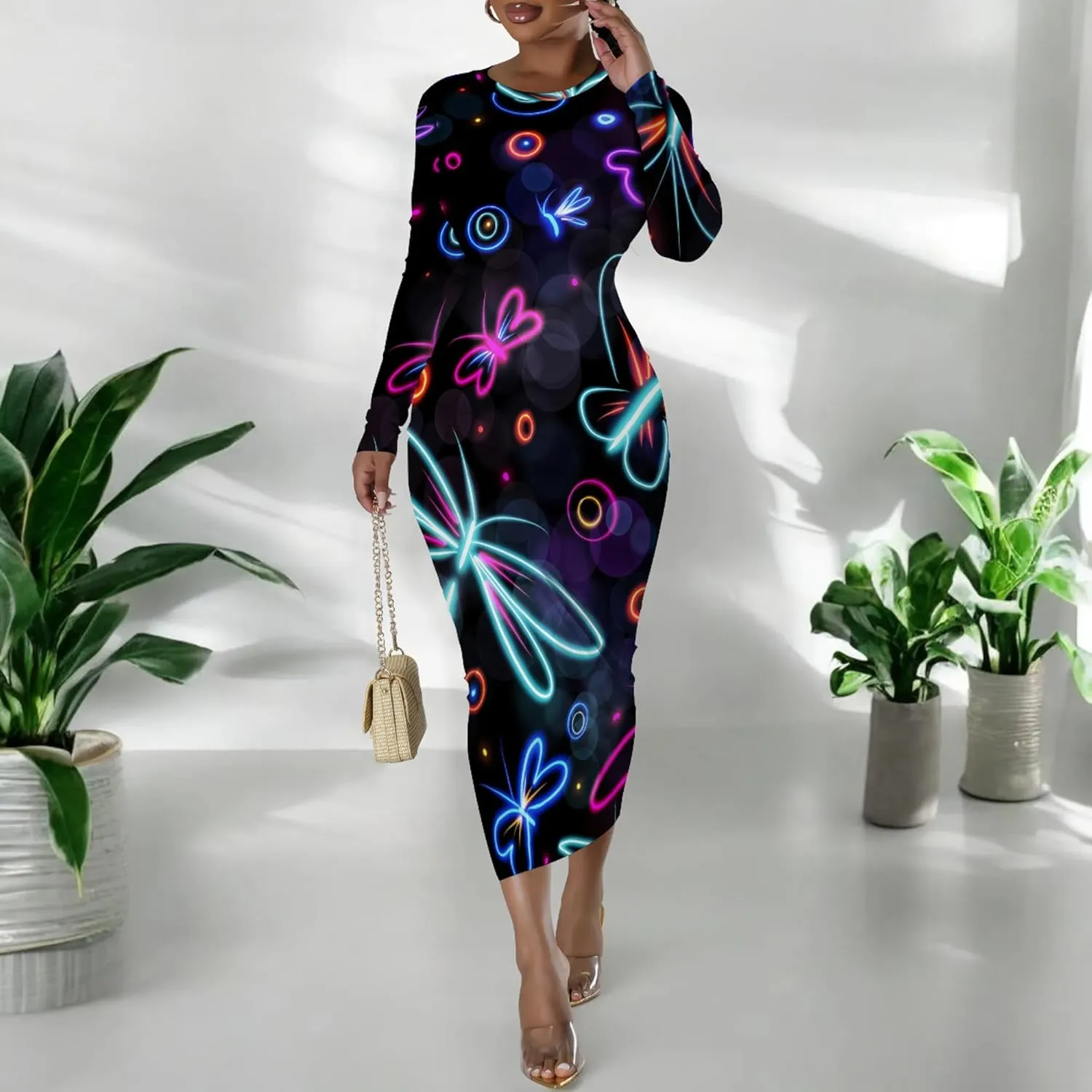 Women's Casual Basic Pencil Dress Sexy Crewneck Long Sleeve Cocktail Bodycon Midi Dress Elegant Club wear Party Outfits