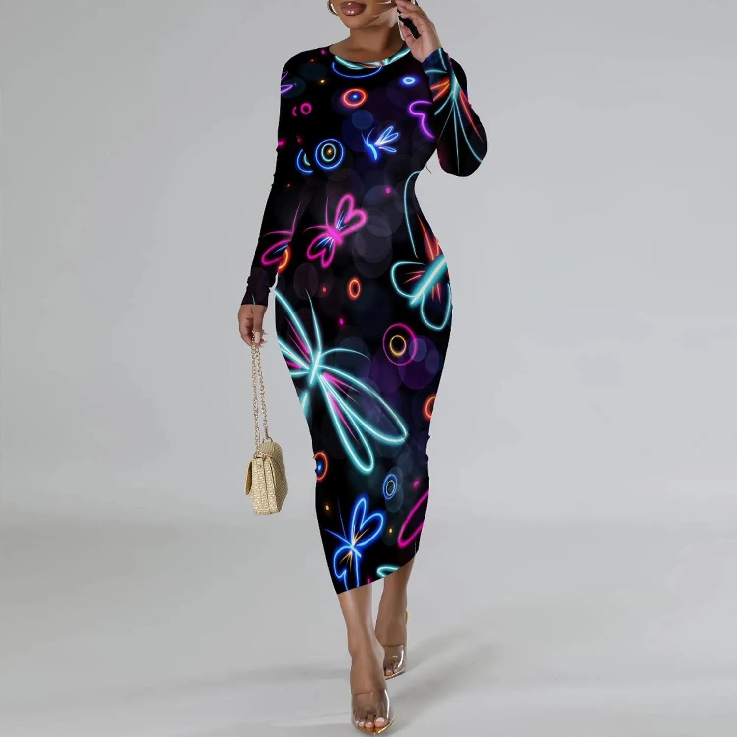 Women's Casual Basic Pencil Dress Sexy Crewneck Long Sleeve Cocktail Bodycon Midi Dress Elegant Club wear Party Outfits