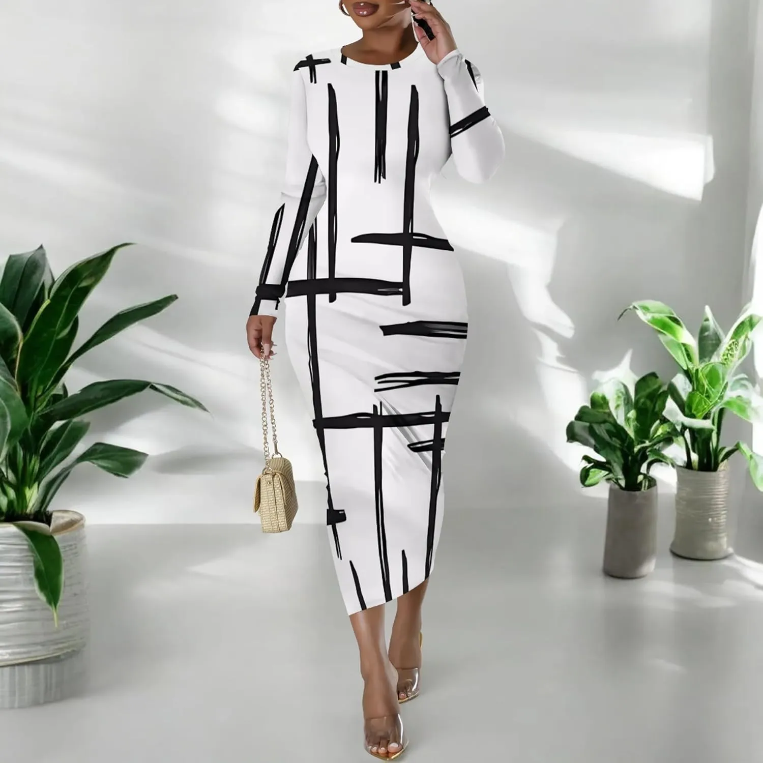 Women's Casual Basic Pencil Dress Sexy Crewneck Long Sleeve Cocktail Bodycon Midi Dress Elegant Club wear Party Outfits